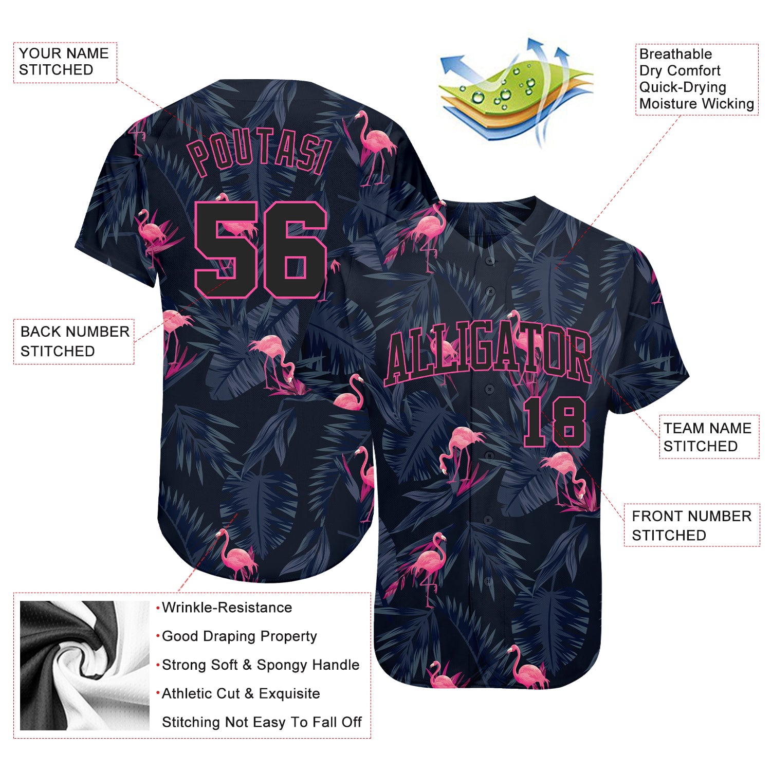 Custom 3D Pattern Design Hawaii Flamingo Authentic Baseball Jersey - Image 4