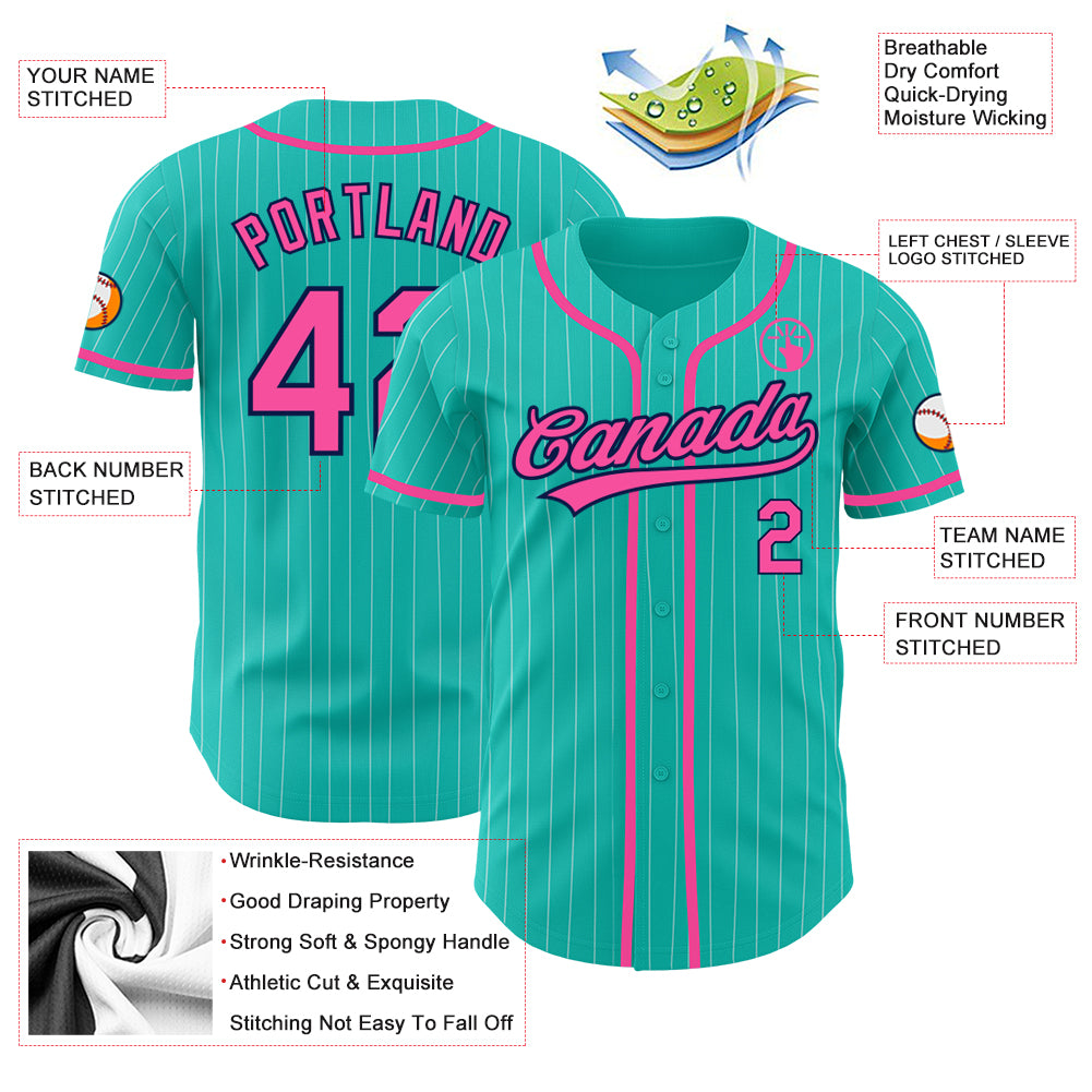 Custom Aqua White Pinstripe Pink-Navy Authentic Baseball Jersey - Image 4
