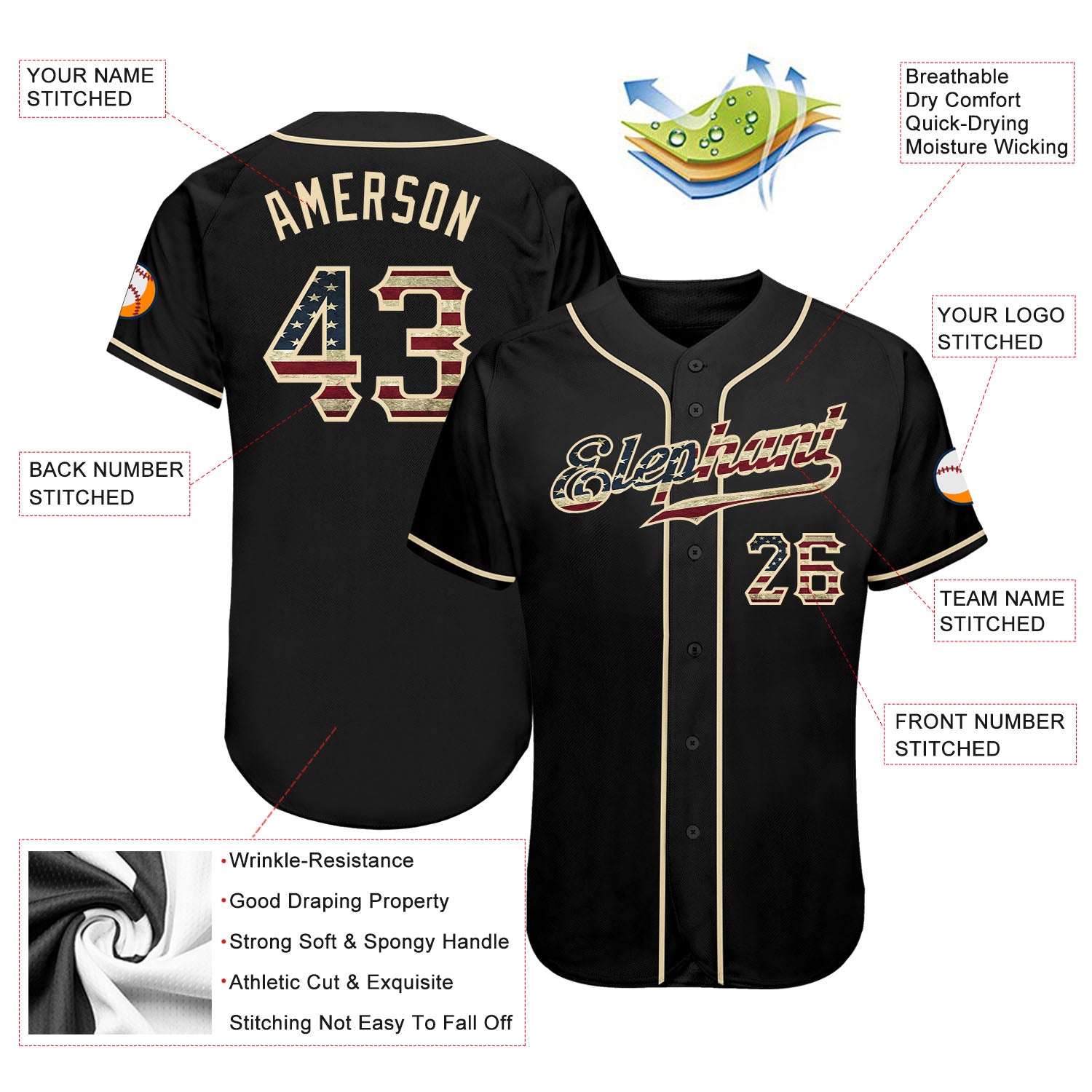 Custom Black Vintage USA Flag-Cream Authentic Baseball Jersey - Image 4