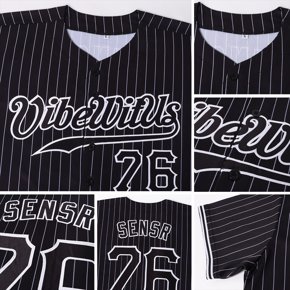 Custom Black White Pinstripe Black-White Authentic Baseball Jersey - Image 6