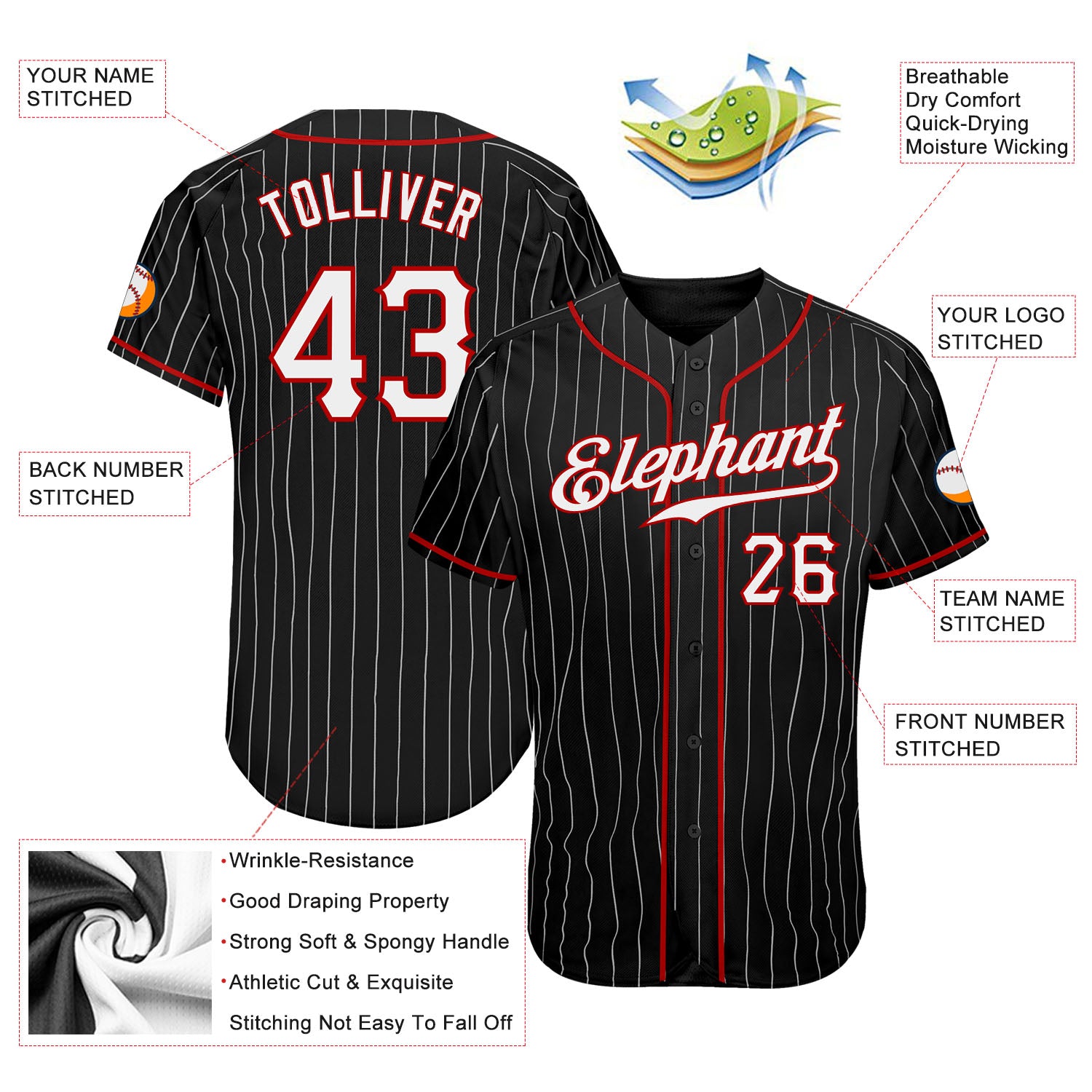 Custom Black White Pinstripe White-Red Authentic Baseball Jersey - Image 4