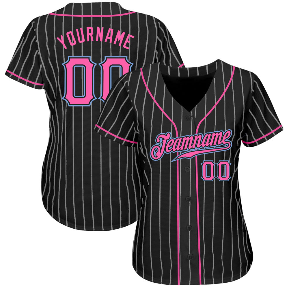 Custom Black White Pinstripe Pink-Light Blue Authentic Baseball Jersey - Image 3
