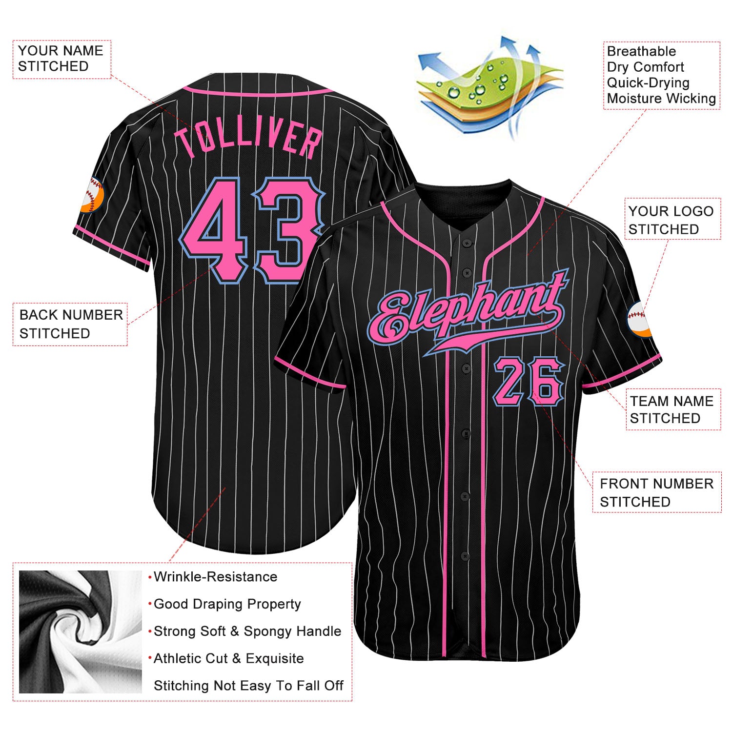 Custom Black White Pinstripe Pink-Light Blue Authentic Baseball Jersey - Image 4