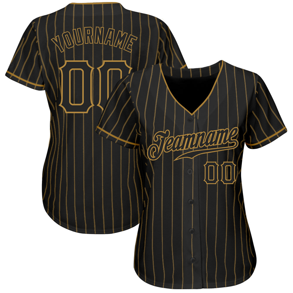 Custom Black Old Gold Pinstripe Black Authentic Baseball Jersey - Image 2
