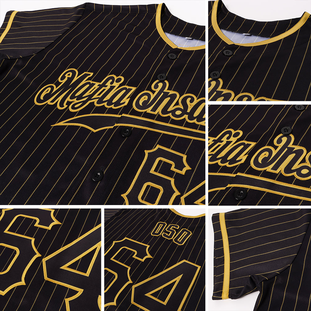 Custom Black Old Gold Pinstripe Black Authentic Baseball Jersey - Image 6
