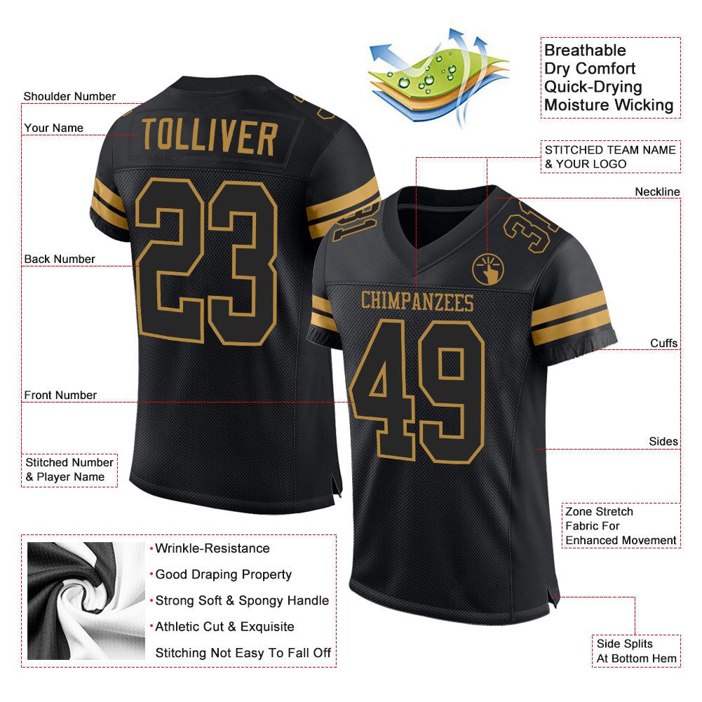 Custom Black Black-Old Gold Mesh Authentic Football Jersey - Image 2