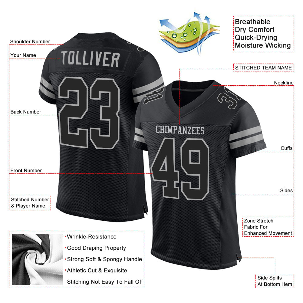 Custom Black Black-Gray Mesh Authentic Football Jersey - Image 2