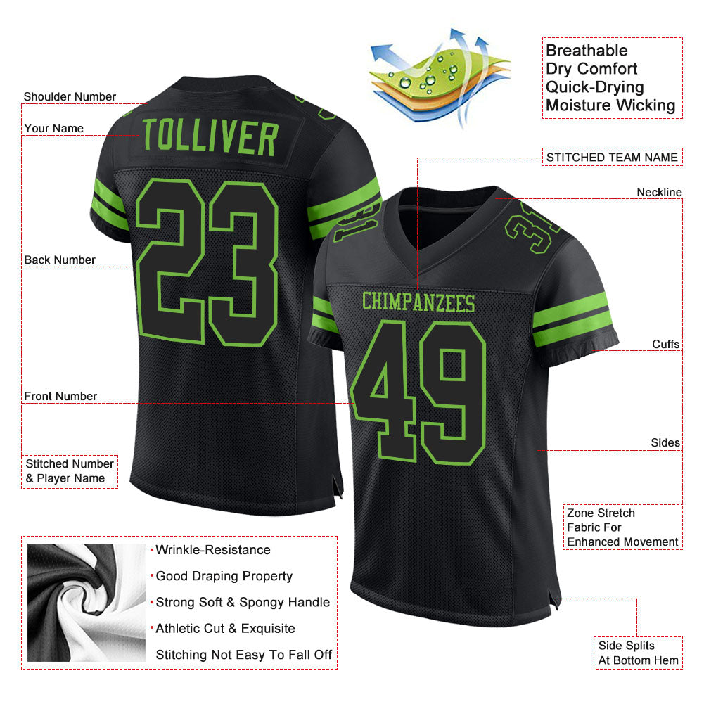 Custom Black Black-Neon Green Mesh Authentic Football Jersey - Image 2