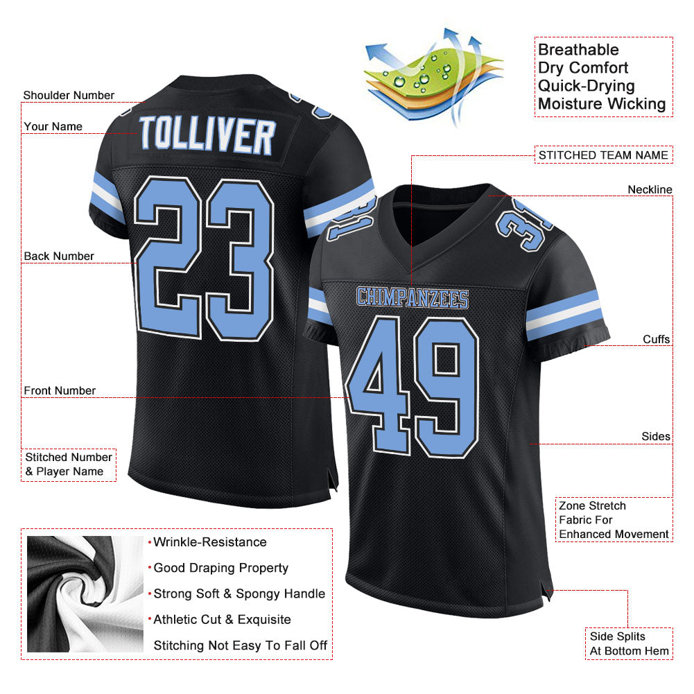 Custom Black Light Blue-White Mesh Authentic Football Jersey - Image 2