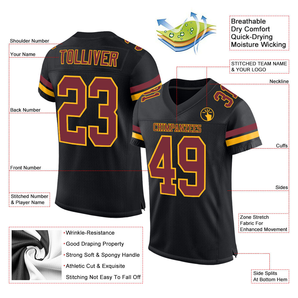 Custom Black Burgundy-Gold Mesh Authentic Football Jersey - Image 2