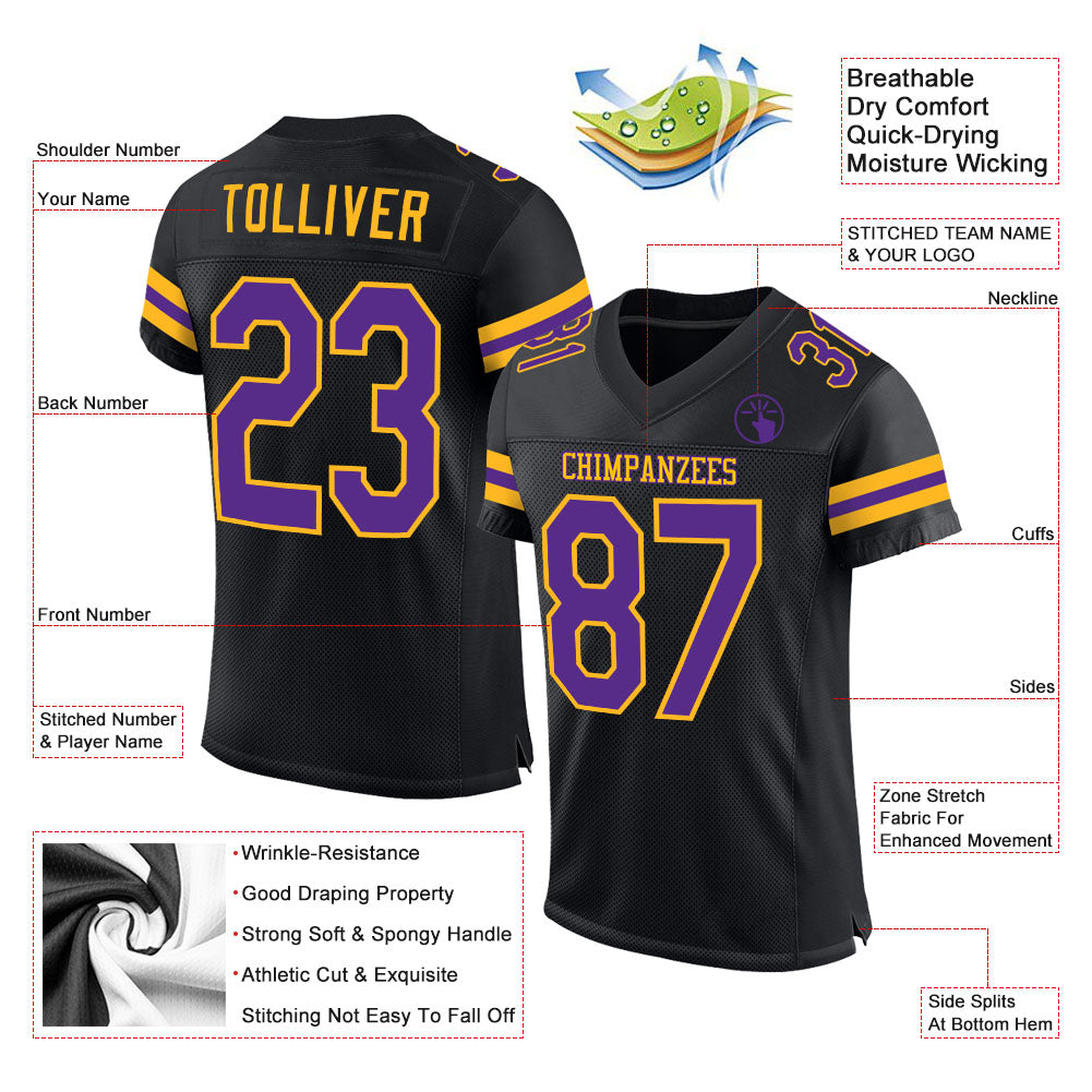 Custom Black Purple-Gold Mesh Authentic Football Jersey - Image 2