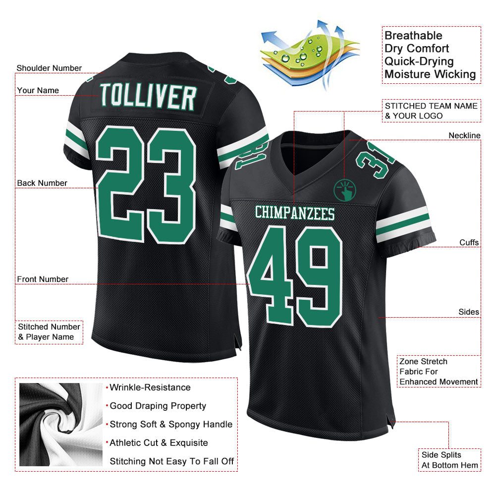 Custom Black Kelly Green-White Mesh Authentic Football Jersey - Image 2