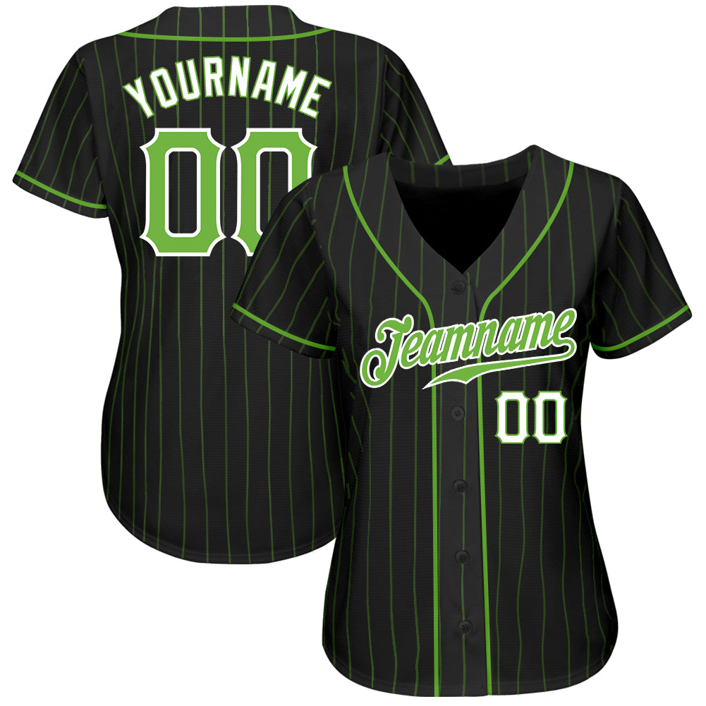 Custom Black Neon Green Pinstripe Neon Green-White Authentic Baseball Jersey - Image 3