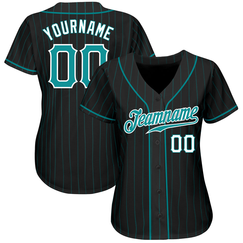 Custom Black Aqua Pinstripe Teal-White Authentic Baseball Jersey - Image 2