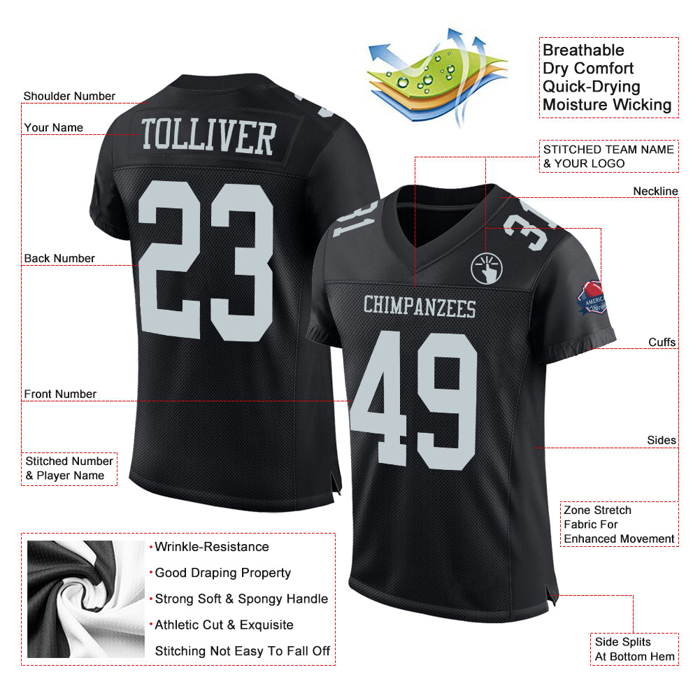 Custom Black Silver Mesh Authentic Football Jersey - Image 2