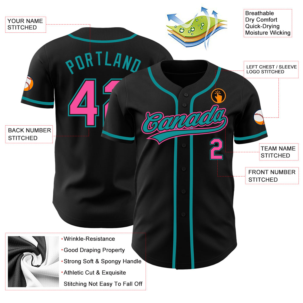 Custom Black Pink-Teal Authentic Baseball Jersey - Image 6