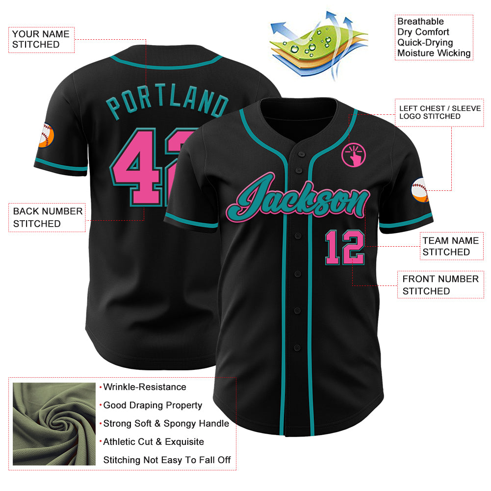 Custom Black Pink-Teal Authentic Baseball Jersey - Image 30