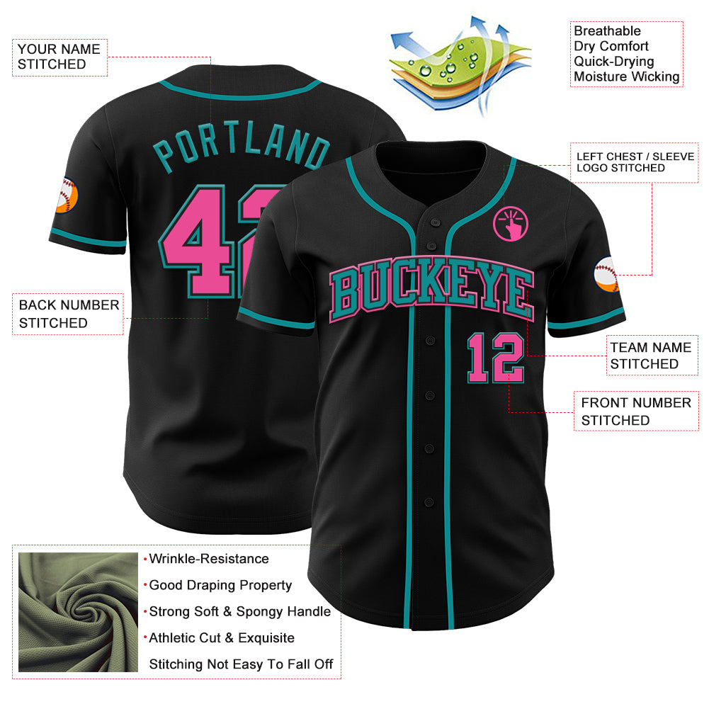 Custom Black Pink-Teal Authentic Baseball Jersey - Image 62