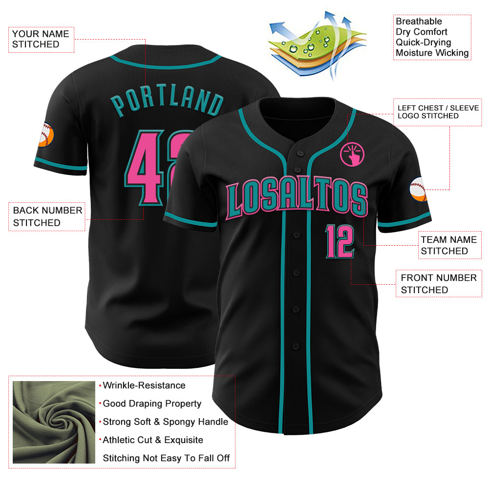 Custom Black Pink-Teal Authentic Baseball Jersey - Image 70