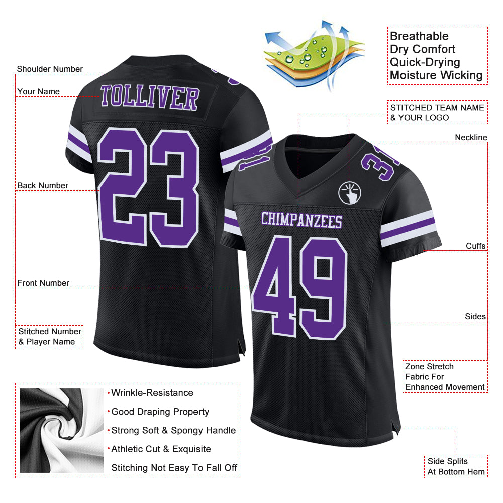Custom Black Purple-White Mesh Authentic Football Jersey - Image 3