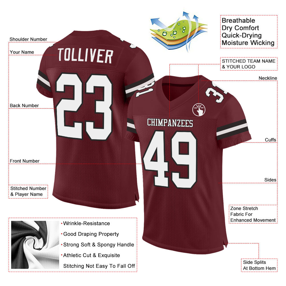 Custom Burgundy White-Black Mesh Authentic Football Jersey - Image 2