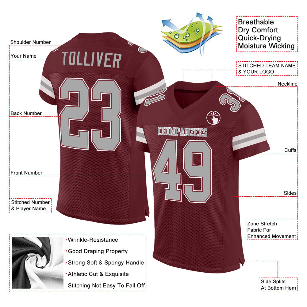 Custom Burgundy Gray-White Mesh Authentic Football Jersey - Image 2