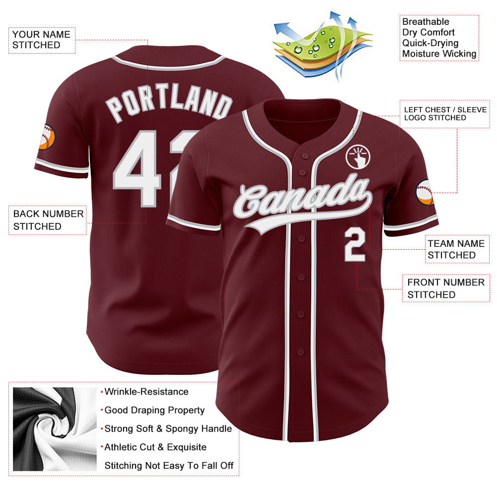 Custom Burgundy White-Gray Authentic Baseball Jersey - Image 4