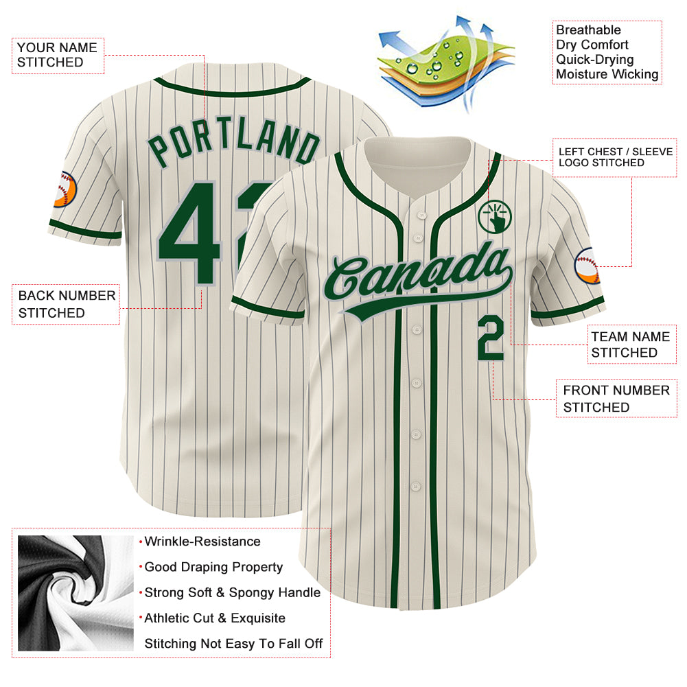 Custom Cream Gray Pinstripe Green Authentic Baseball Jersey - Image 3