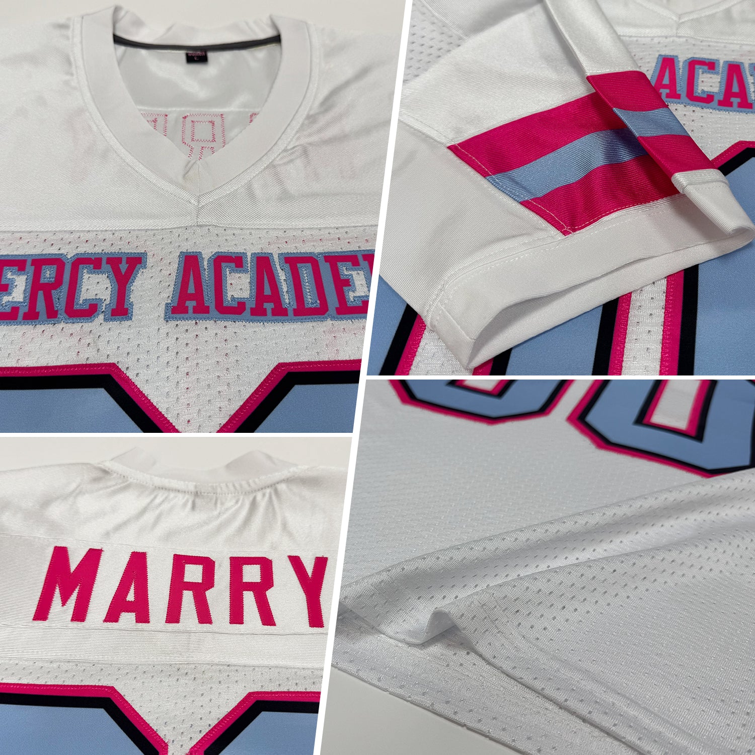 Custom White Light Blue-Pink Mesh Authentic Football Jersey - Image 2