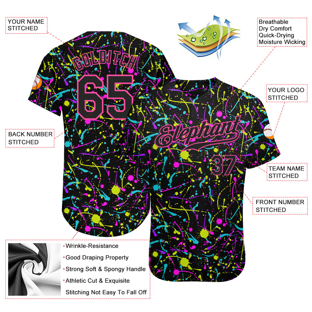 Custom Graffiti Pattern Black-Pink 3D Neon Splatter Authentic Baseball Jersey - Image 4