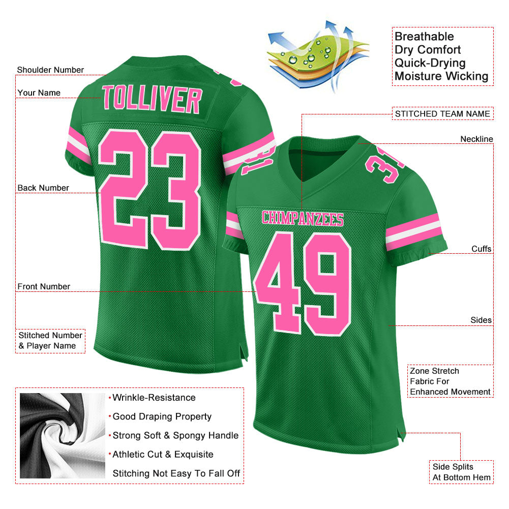 Custom Grass Green Pink-White Mesh Authentic Football Jersey - Image 2