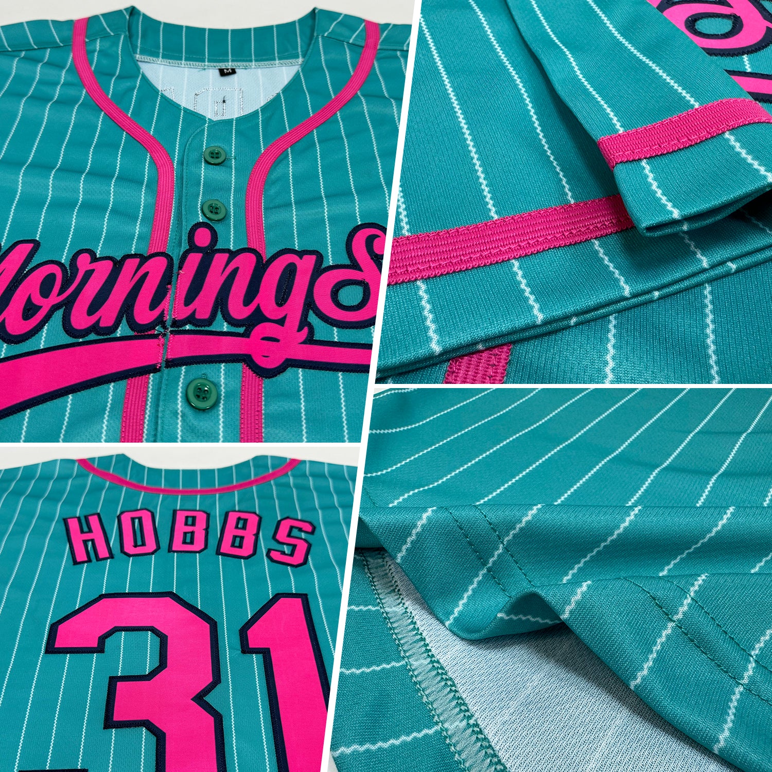Custom Aqua White Pinstripe Pink-Navy Authentic Baseball Jersey - Image 2