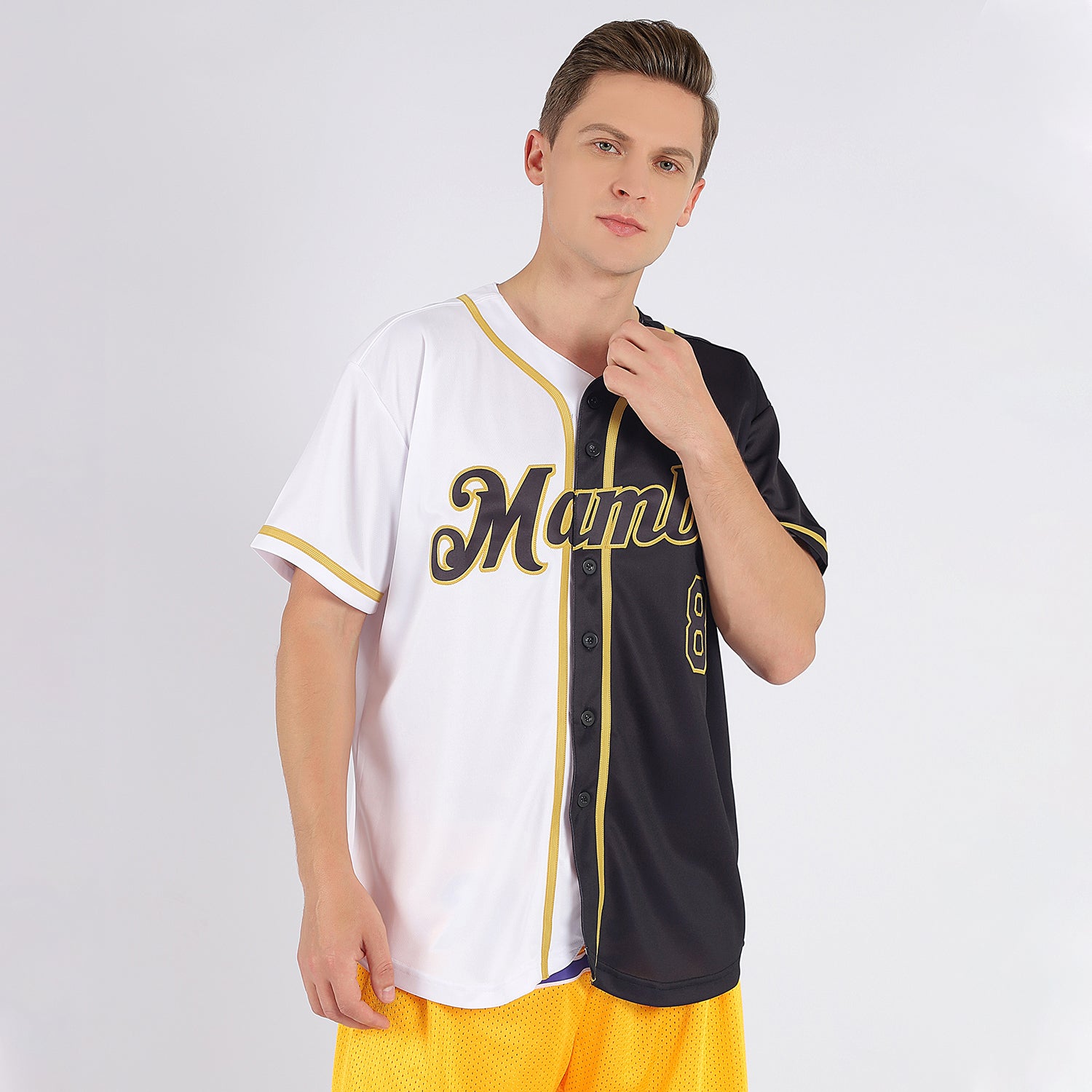 Custom White-Black Old Gold Authentic Split Fashion Baseball Jersey - Image 2