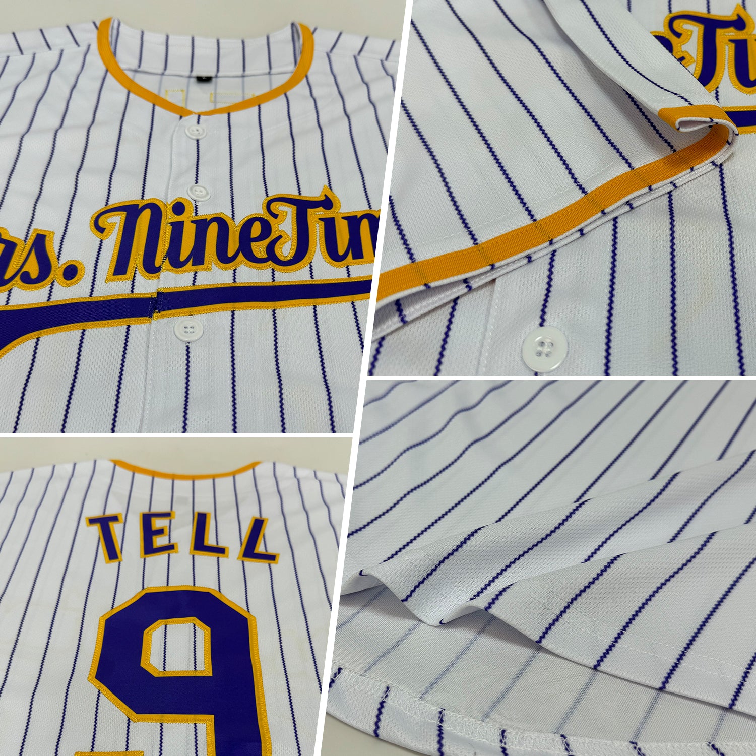 Custom White Purple Pinstripe Purple-Gold Authentic Baseball Jersey - Image 2