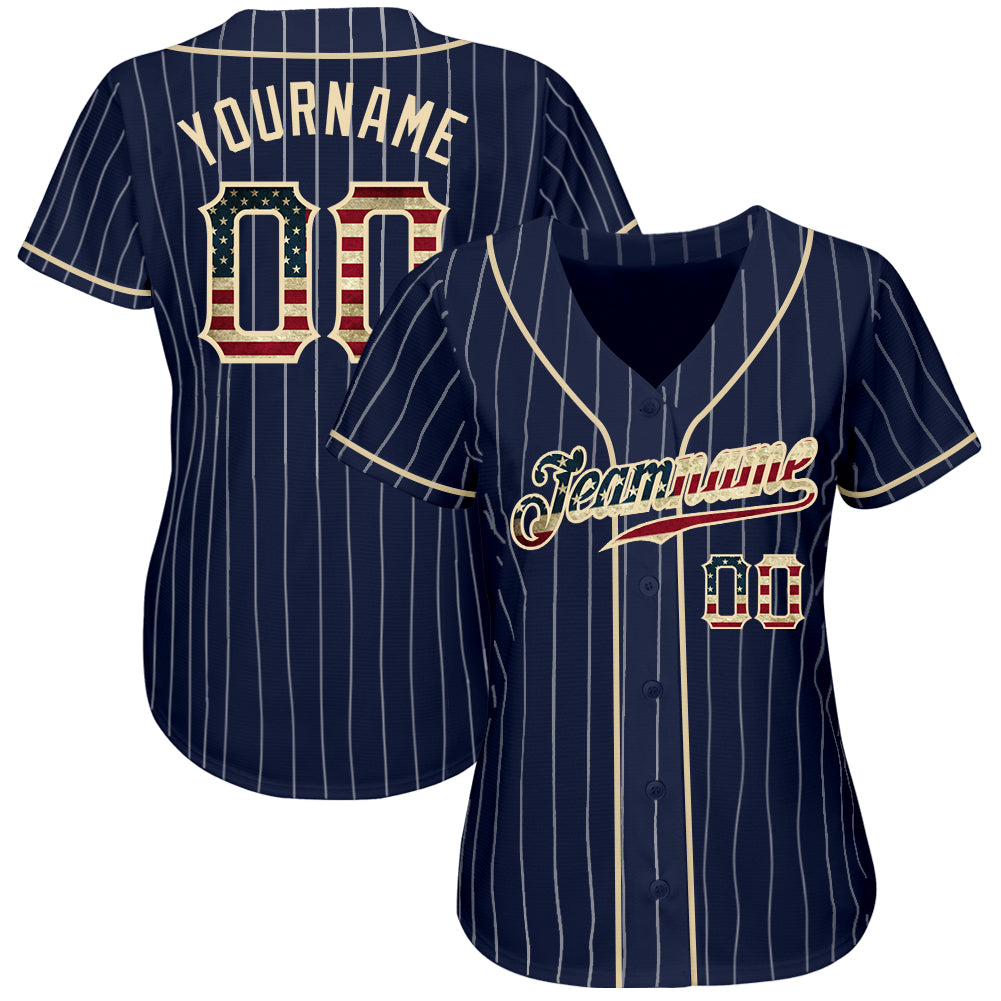 Custom Navy White Pinstripe Vintage USA Flag-Cream Authentic Baseball Jersey - Image 3
