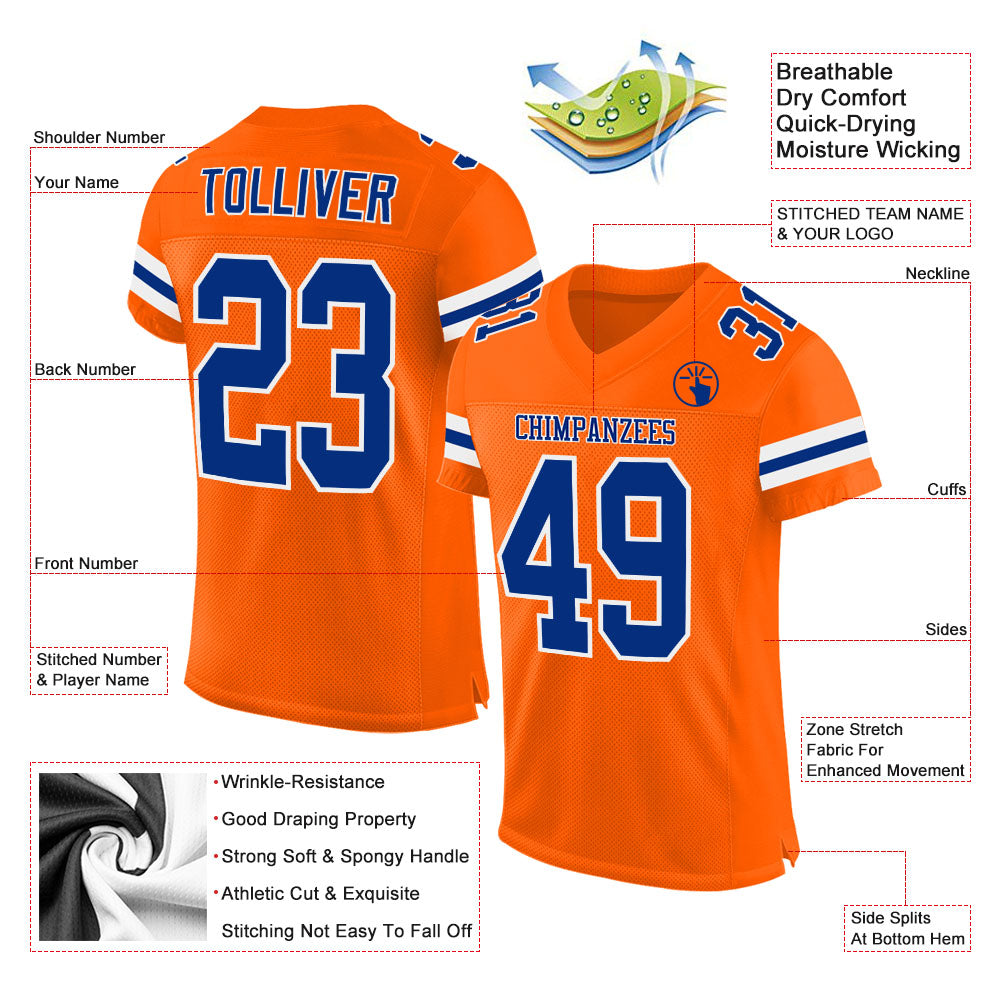Custom Orange Royal-White Mesh Authentic Football Jersey - Image 3