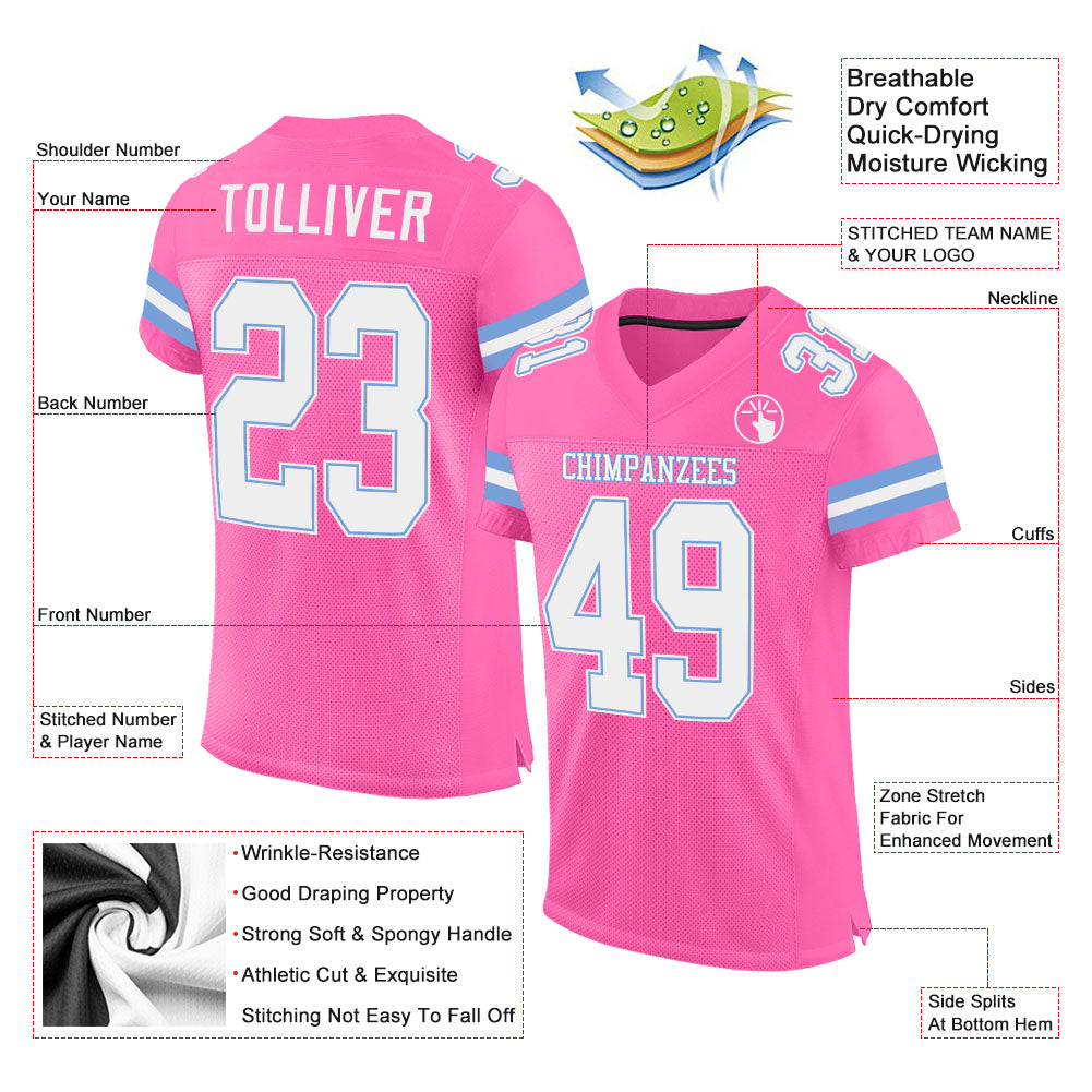 Custom Pink White-Light Blue Mesh Authentic Football Jersey - Image 2