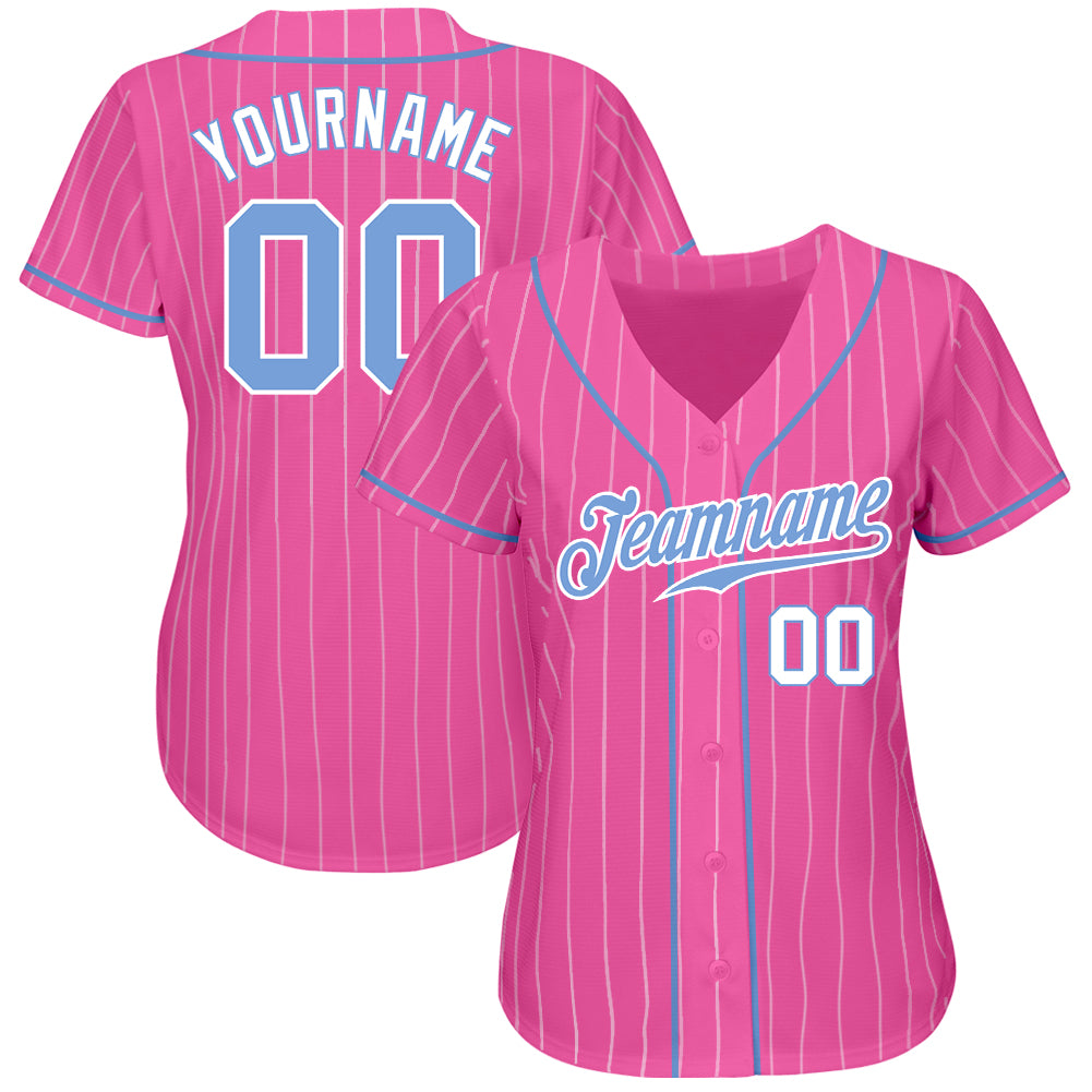 Custom Pink White Pinstripe Light Blue-White Authentic Baseball Jersey - Image 3