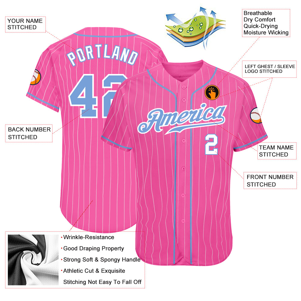 Custom Pink White Pinstripe Light Blue-White Authentic Baseball Jersey - Image 4