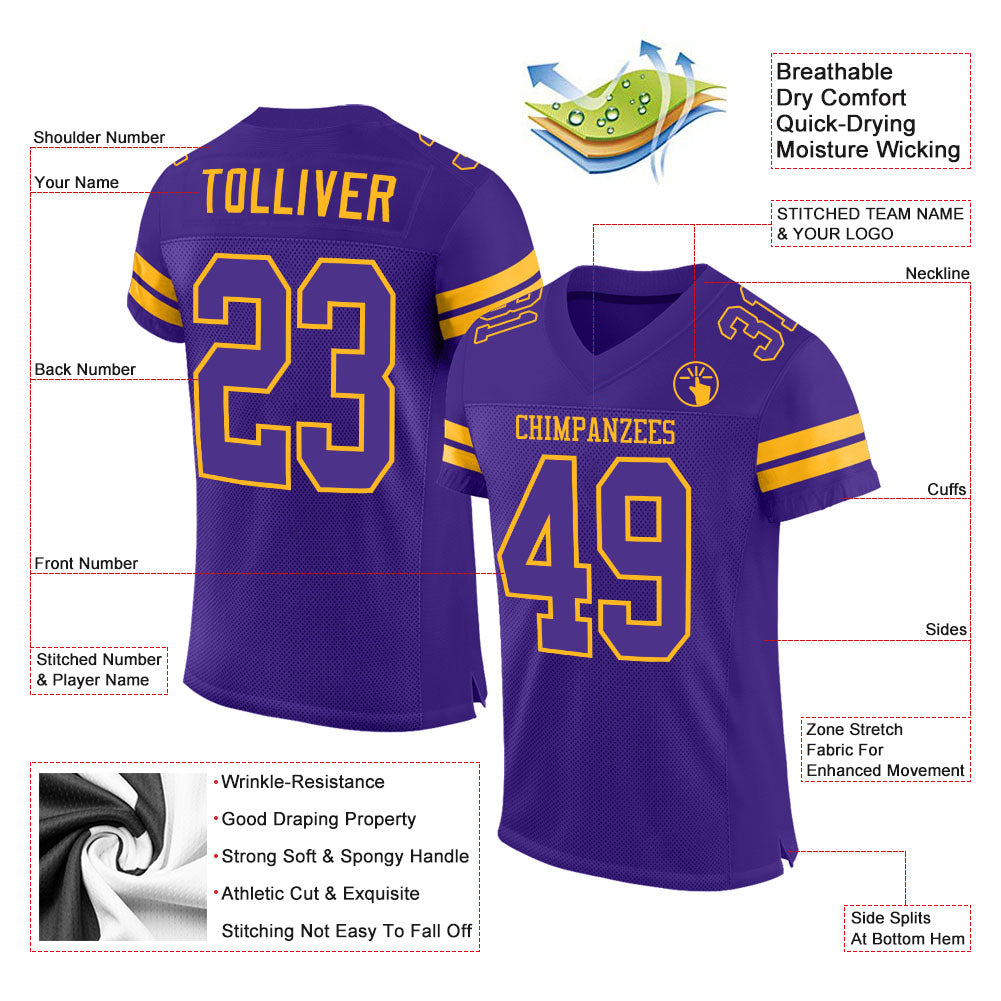 Custom Purple Purple-Gold Mesh Authentic Football Jersey - Image 2