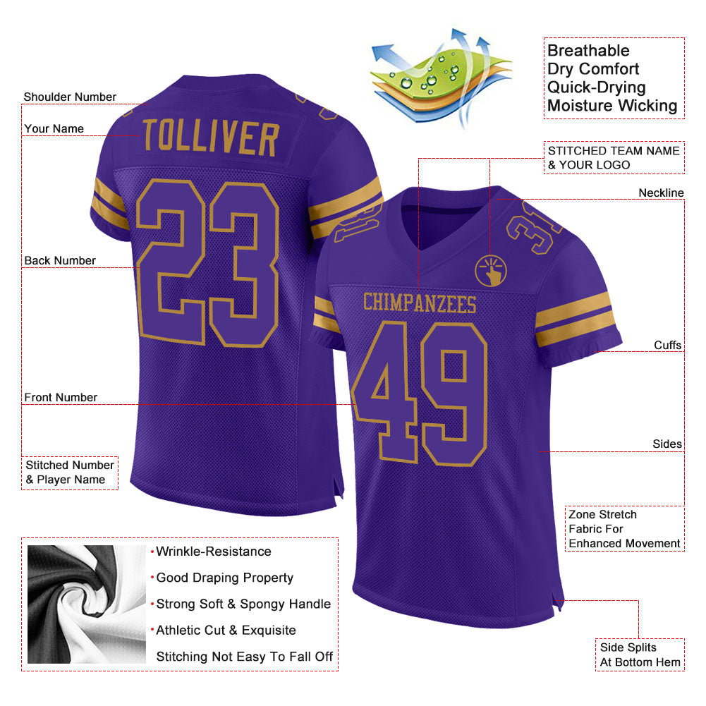 Custom Purple Purple-Old Gold Mesh Authentic Football Jersey - Image 2