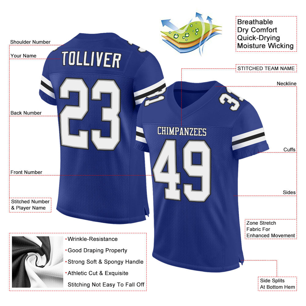 Custom Royal White-Black Mesh Authentic Football Jersey - Image 2
