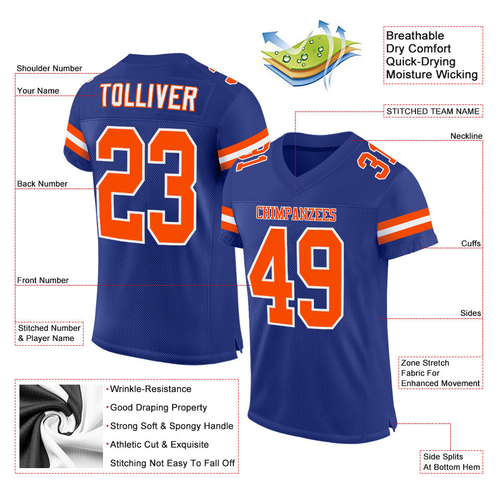 Custom Royal Orange-White Mesh Authentic Football Jersey - Image 2