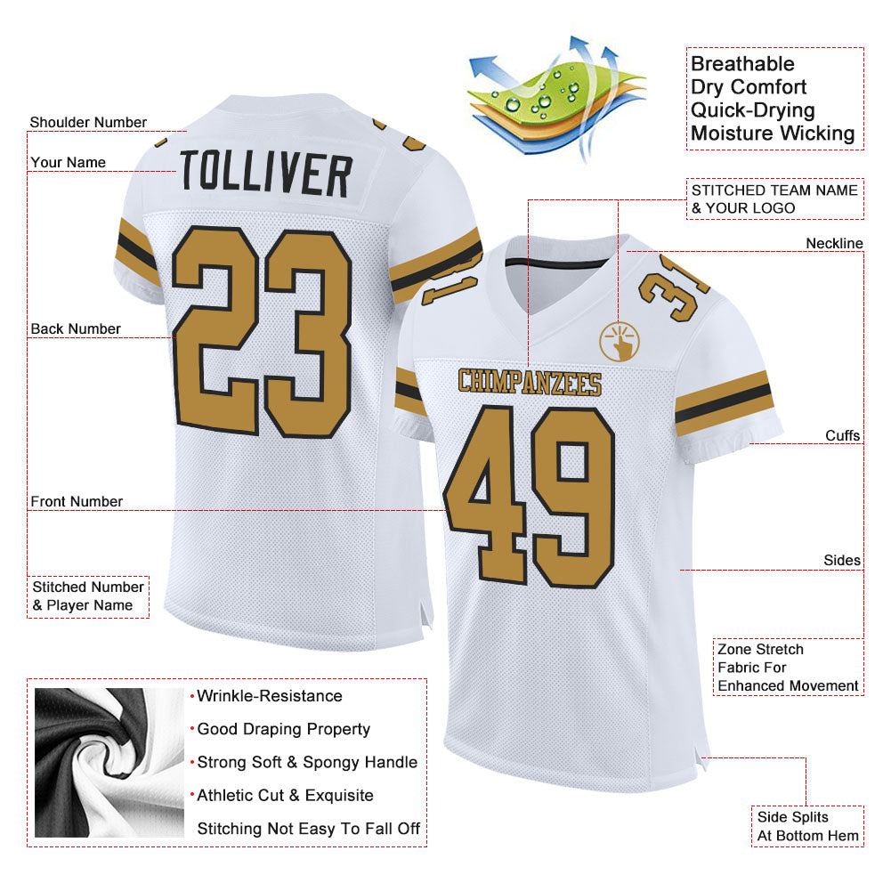 Custom White Old Gold-Black Mesh Authentic Football Jersey - Image 2