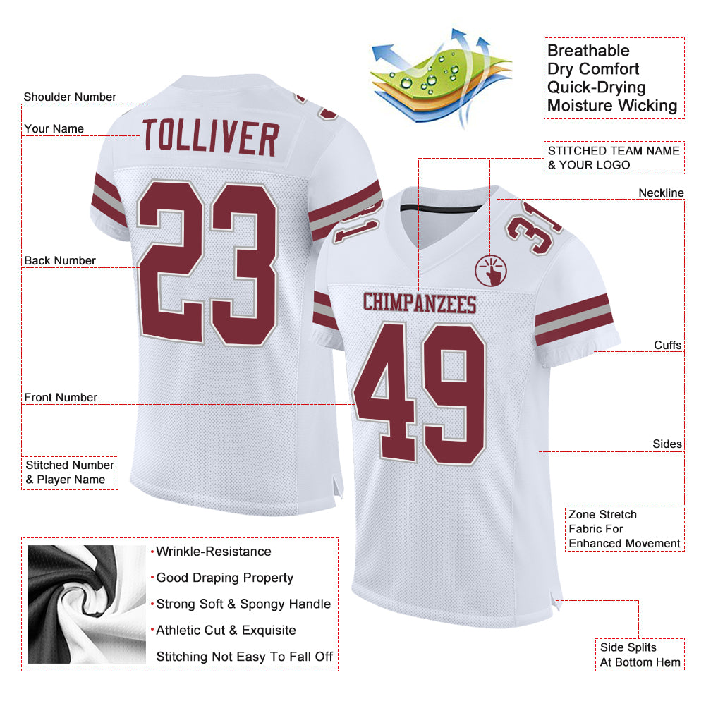 Custom White Burgundy-Gray Mesh Authentic Football Jersey - Image 2