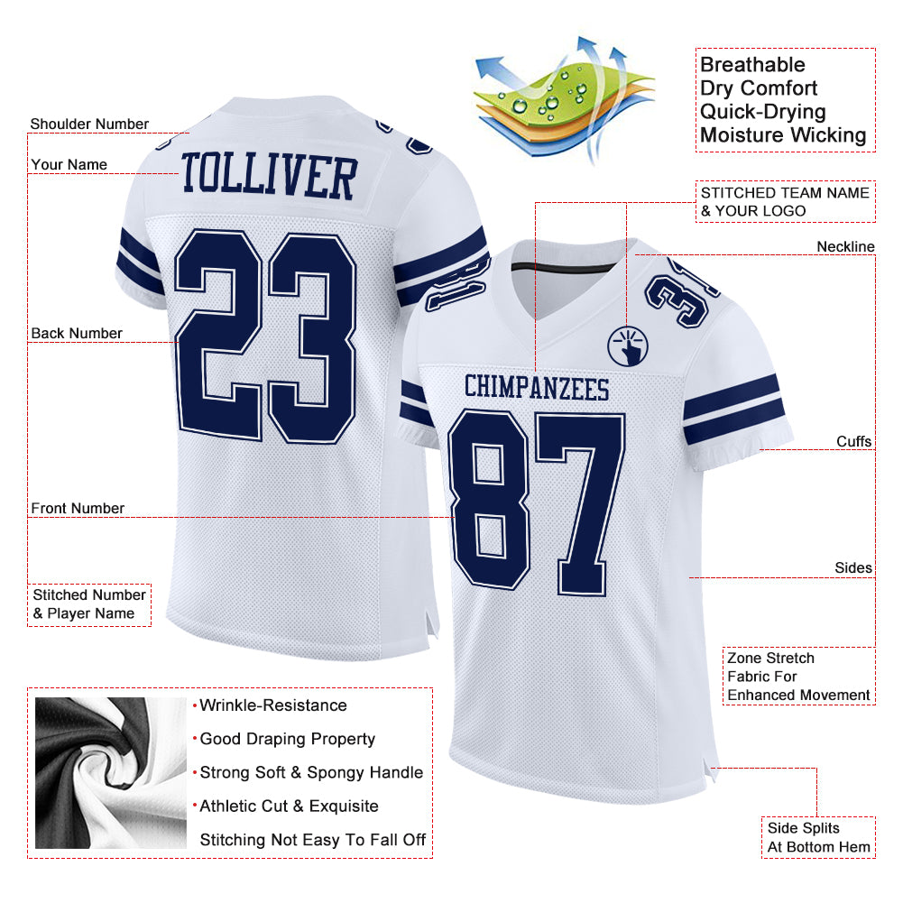 Custom White Navy-White Mesh Authentic Football Jersey - Image 2