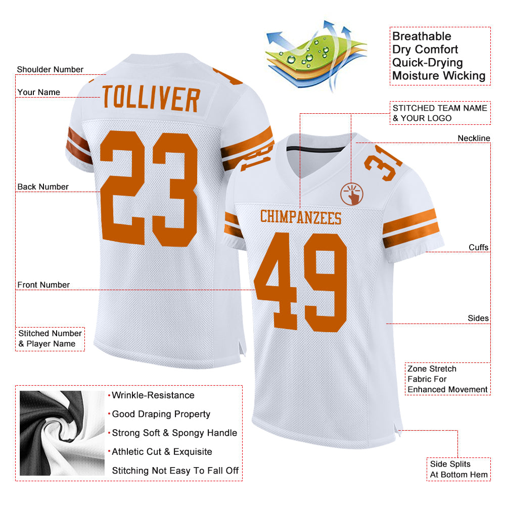 Custom White Texas Orange Mesh Authentic Football Jersey - Image 2