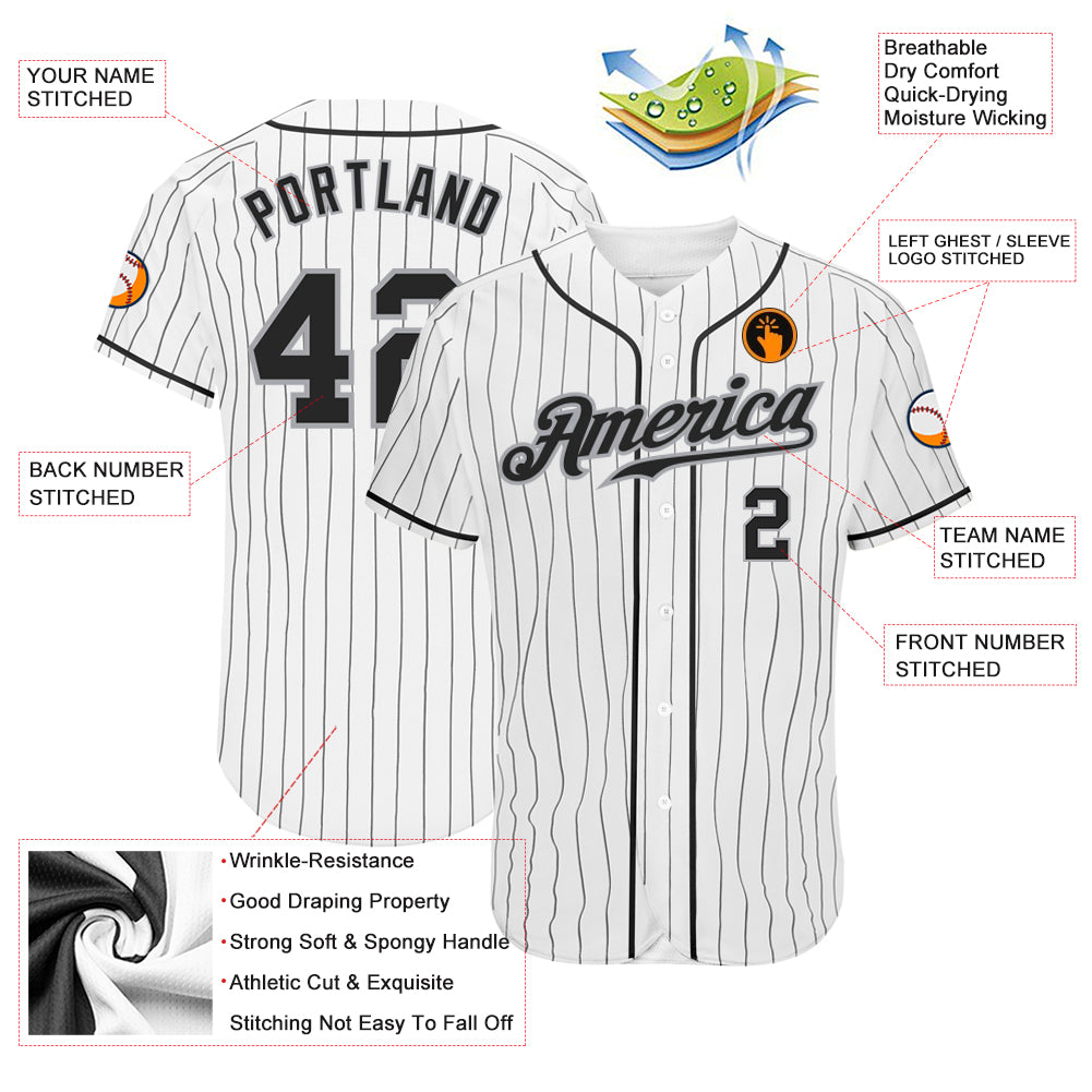 Custom White Black Pinstripe Black-Gray Authentic Baseball Jersey - Image 4