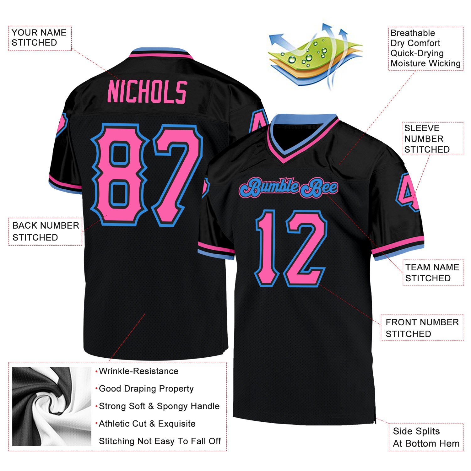 Custom Black Pink-Powder Blue Mesh Authentic Throwback Football Jersey - Image 4