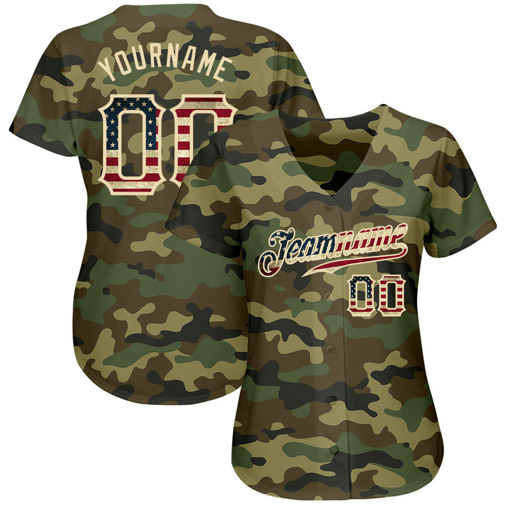 Custom Camo Vintage USA Flag-Cream Authentic Salute To Service Baseball Jersey - Image 3